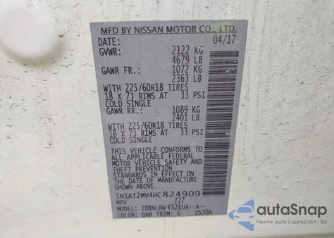 2017 Nissan Rogue Sl z USA, uszkodzony, nr VIN 5N1AT2MV4HC824909